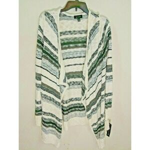 Womens AB Studio Open Front Cardigan Sweater Black White Stripe Sz‎ L NWT